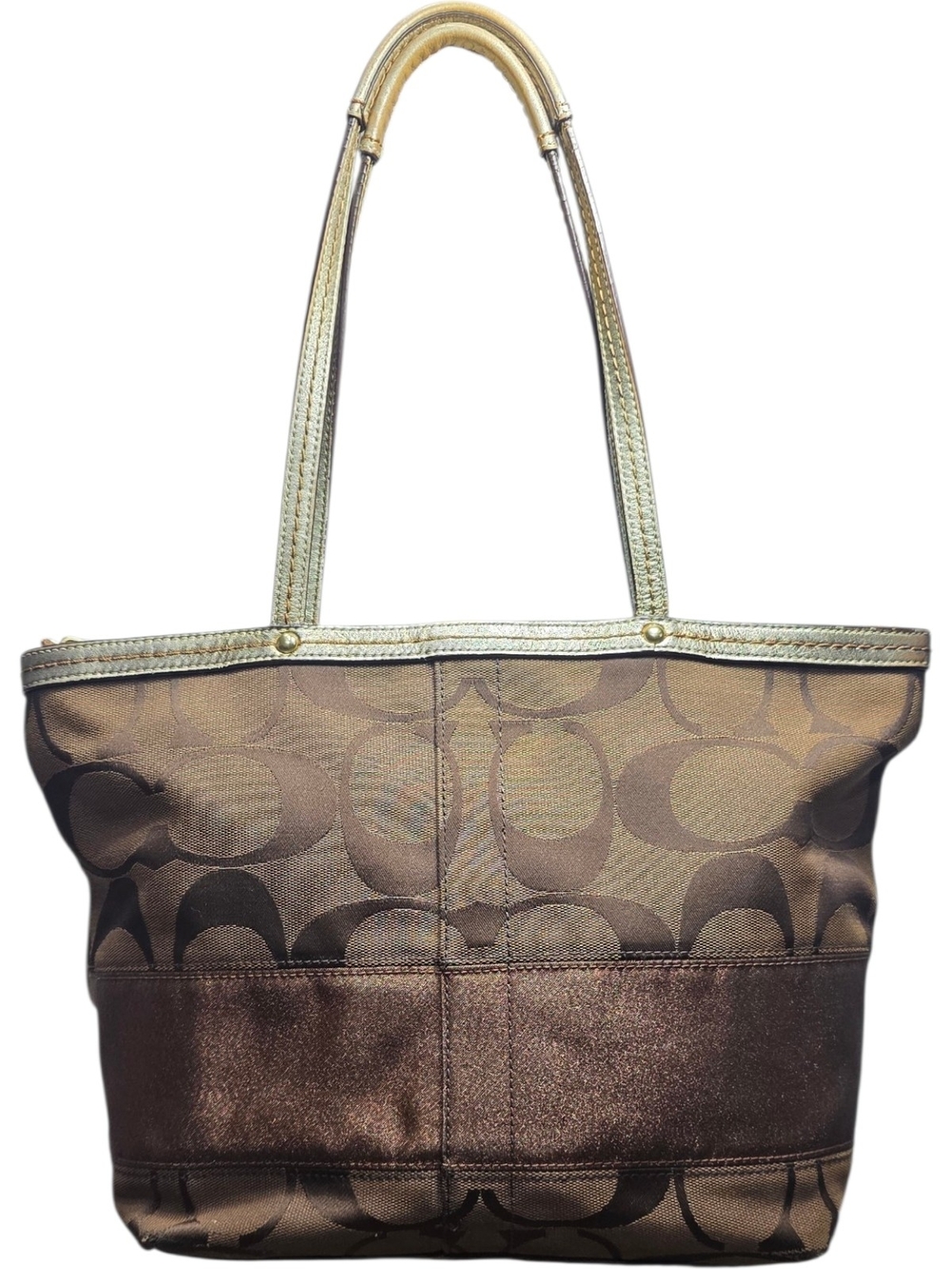 Coach Signature Jacquard Metallic Stripe Tote Bag Bronze Gold Shoulder Bag